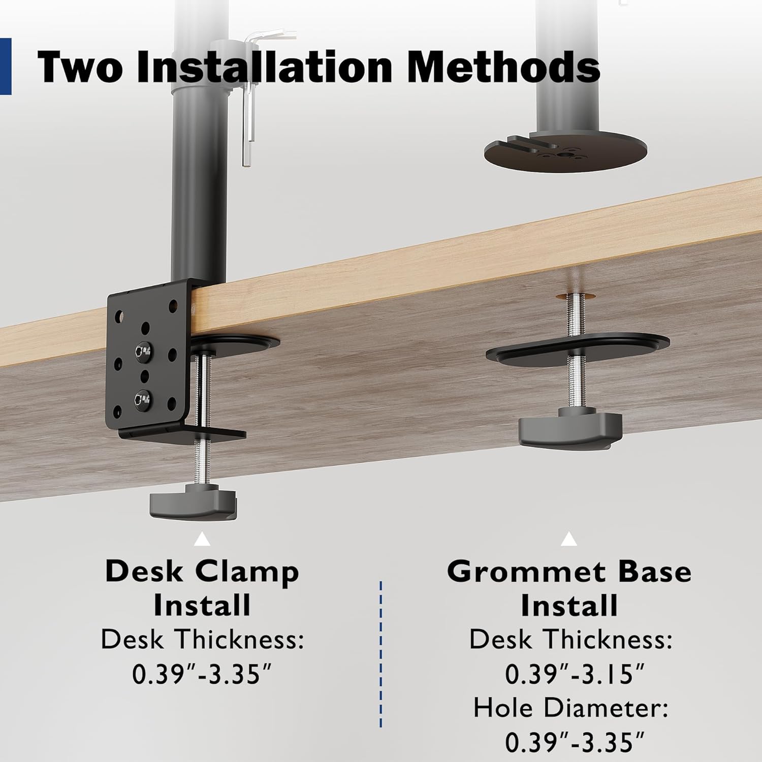 Illustration of the two installation methods for the BONTEC monitor mount: desk clamp and grommet base, with specified desk thickness and hole diameter ranges.