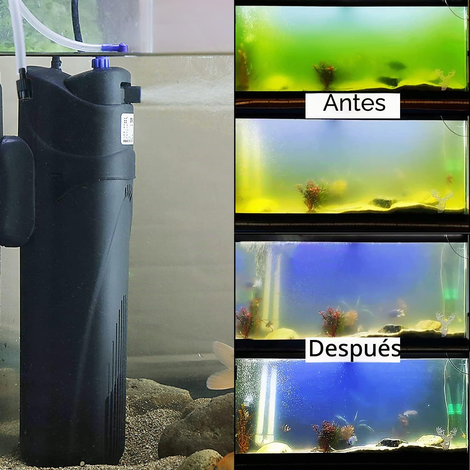 Coospider U-V Filtro para Acuario JUP-01 para 150-300 Litros de Acuario, Bomba de Filtro Subacuática para Acuarios 800L/h Verde Eliminador de Algas Filtro Interno con 1 Bombilla de Repuesto 9W + 2