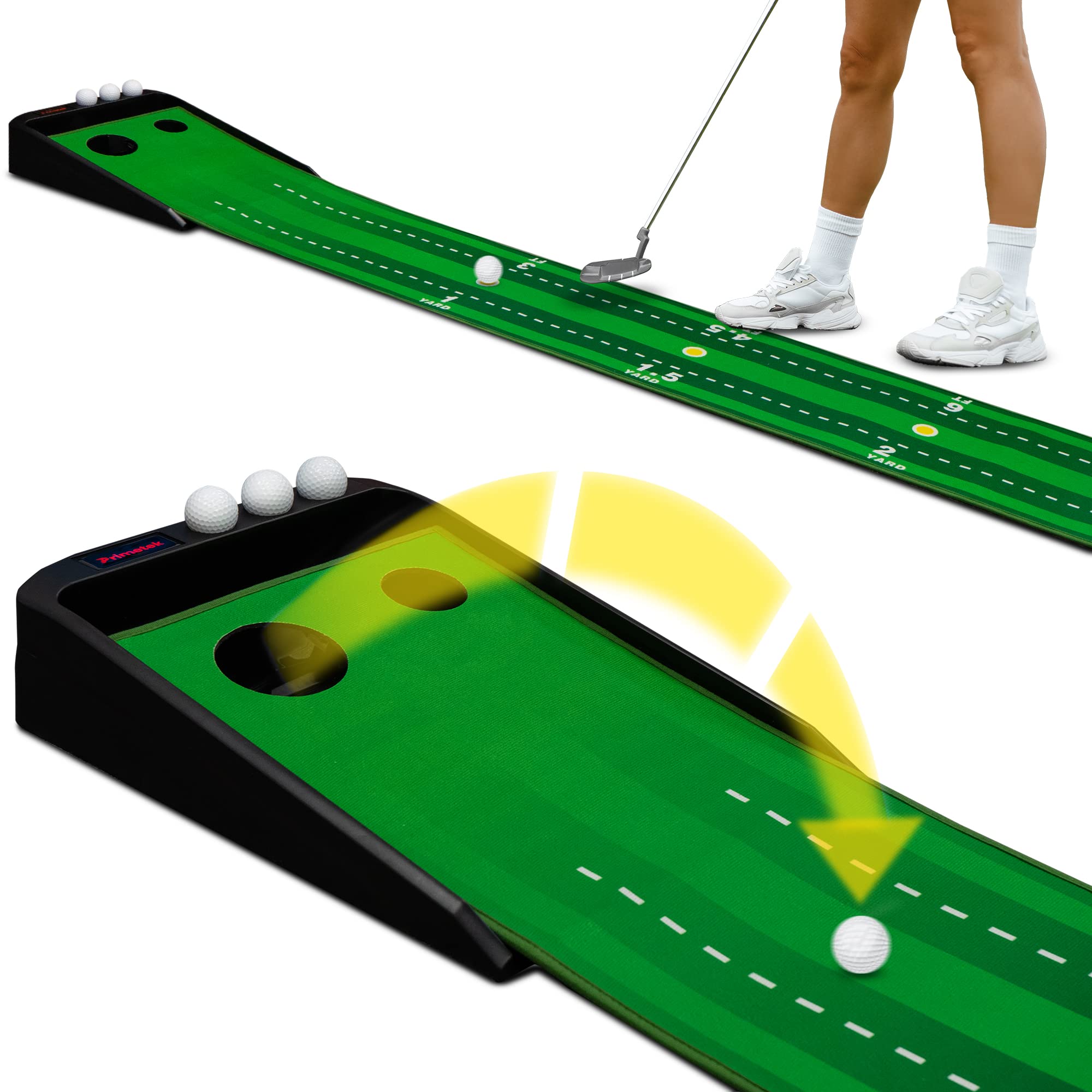 PRIMETEK Indoor Putting Mat with Smart Ball Return - 9 ft. Practice Mat with Training Markings, 2 Hole Sizes, 3 Balls Included. No assembly required! (GLF-PM9)