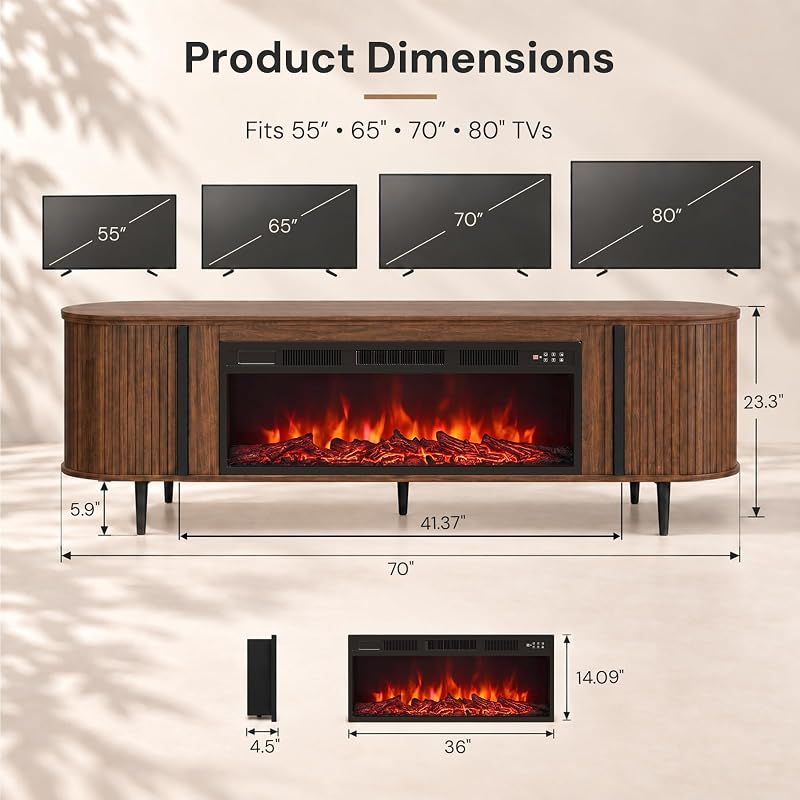 Luxury Fluted TV Stand with Fireplace, 70 inch, Brown image 2