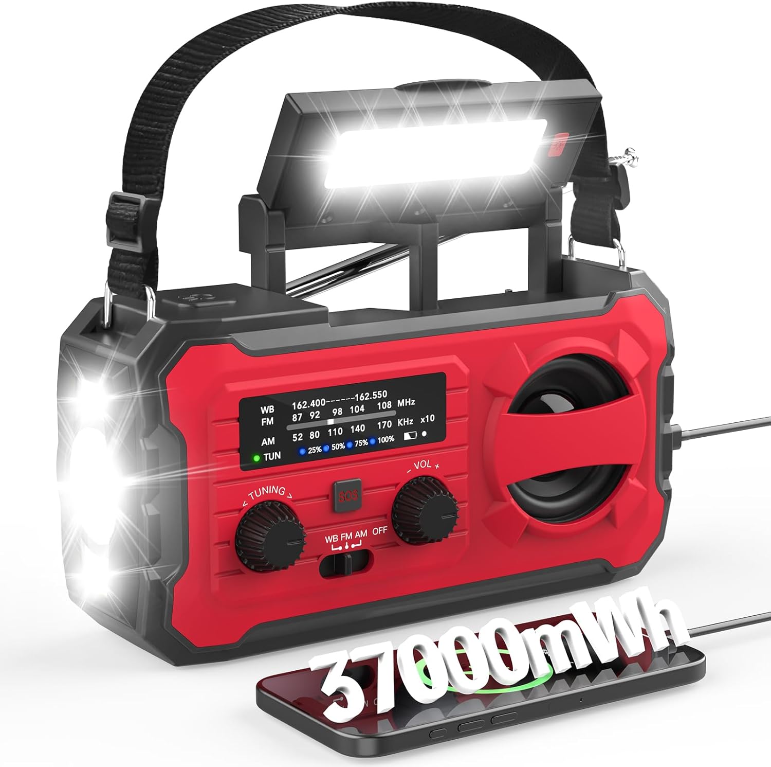 10000mAh Emergency Radio, NOAA Weather Radio with AM/FM, 37000mWh Rechargeable Phone Power, USB/Solar/Hand Crank Charging, LED Flashlight, SOS Alarm, Reading Lamp for Indoor/Outdoor Emergencies Red-Black