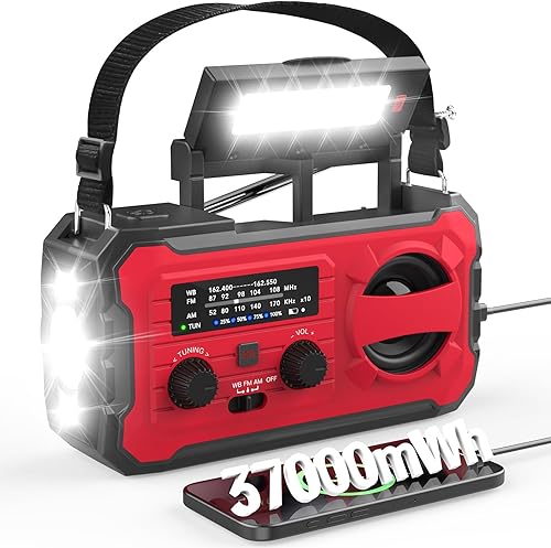 Radio de emergencia de 10000 mAh, radio meteorológica NOAA con AMFM, 37000 mWh, carga USBsolarmanivela, linterna LED, alarma SOS, lámpara de lectura