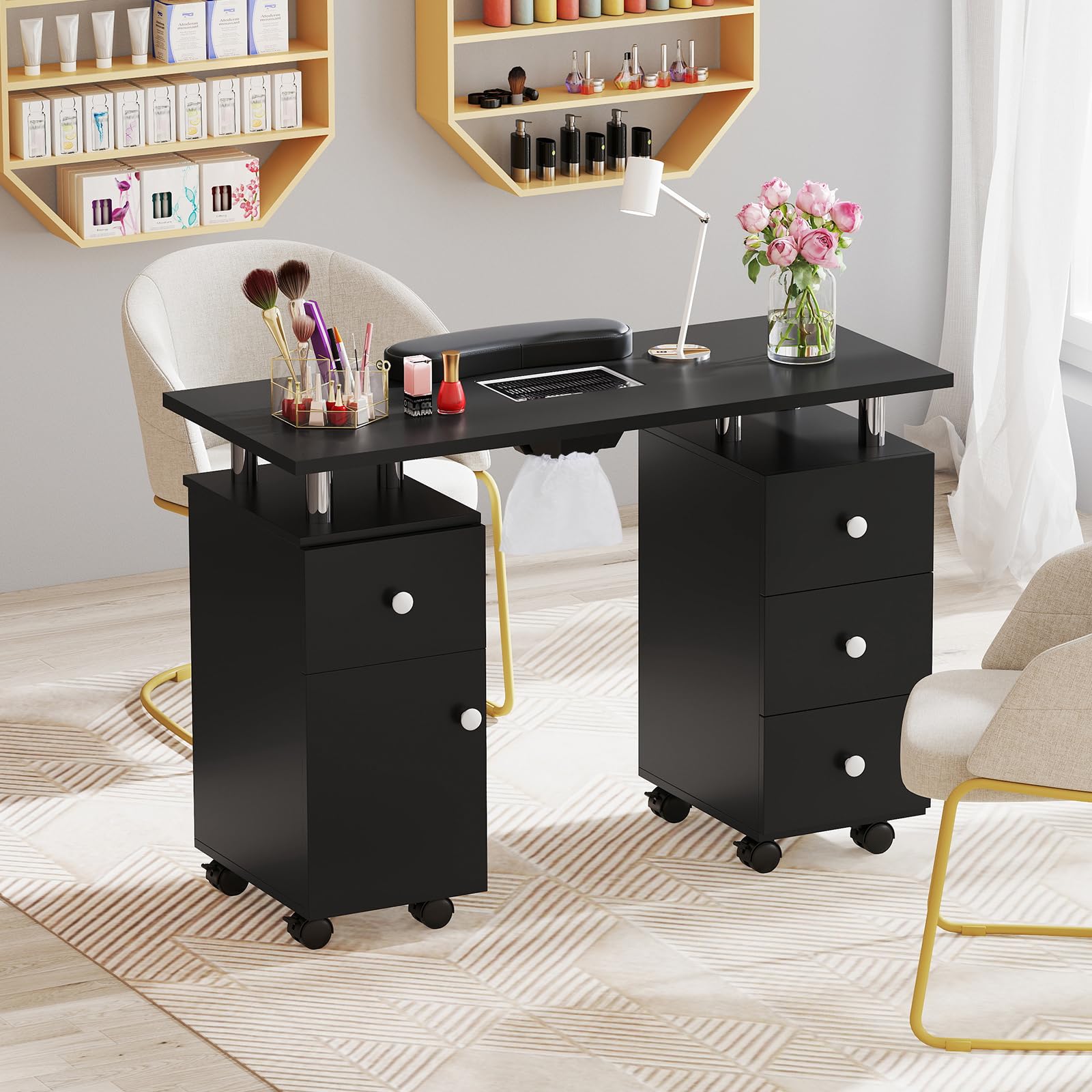 COSTWAY Tavolo Manicure con Aspirapolvere, Tavolo Unghie con Cassetti, Spina, 3 Sacchetti, Armadietto, Cuscino Poggia Polso e 8 Ruote blocabili, Banco Ricostruzione Unghie in Legno (Nero)
