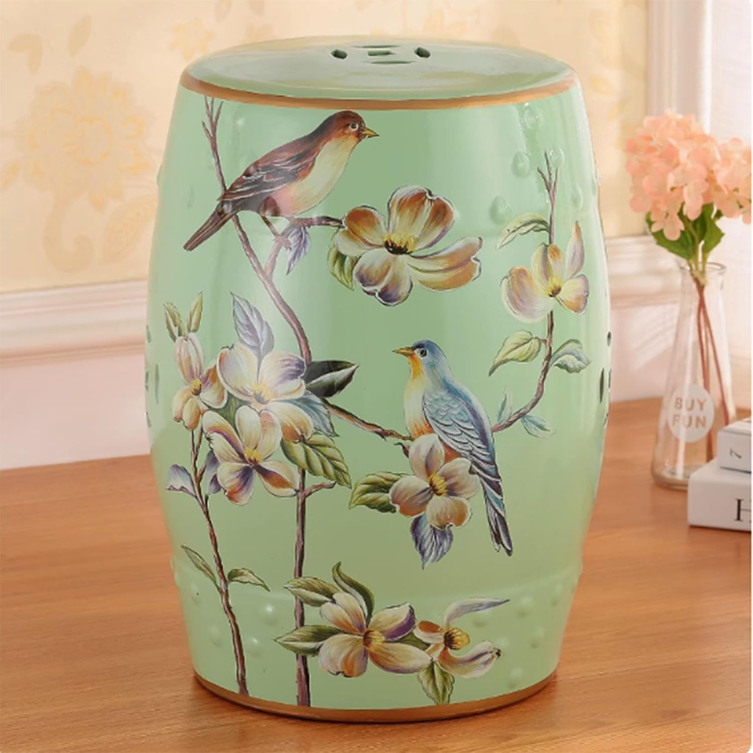 Ceramic Garden Stool, Chinese Ceramic Drum-Shaped Garden Stool, Flower and Bird Ceramic Decorative Garden Stool, Ceramic Shoe Changing Stool, Suitable for Indoor, Outdoor, Terrace, Courtyard, Garden.