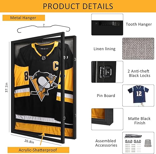 Miniatura 18 de Estuche de exhibición con marco de jersey, caja de sombra grande con cerradura, marco de jersey deportivo con 98% de protección UV acrílico y 2