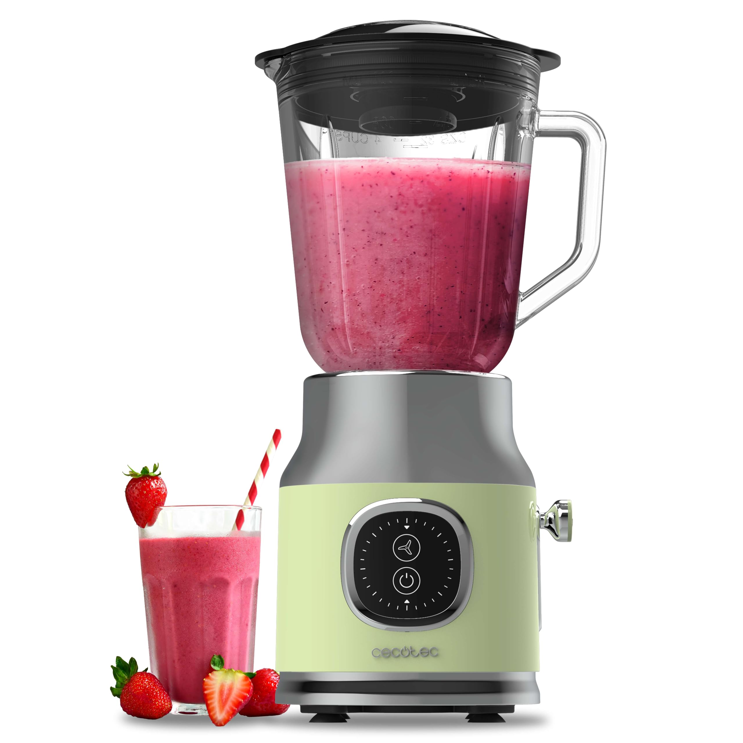 Cecotec Batidora de Vaso Retro RetroTwist Green. 800W de Potencia Máxima, Función Pulse, Cuchilla de 4 Hojas con Recubrimiento de Titanio Negro y Jarra con 1L, Diseño Vintaje en Verde