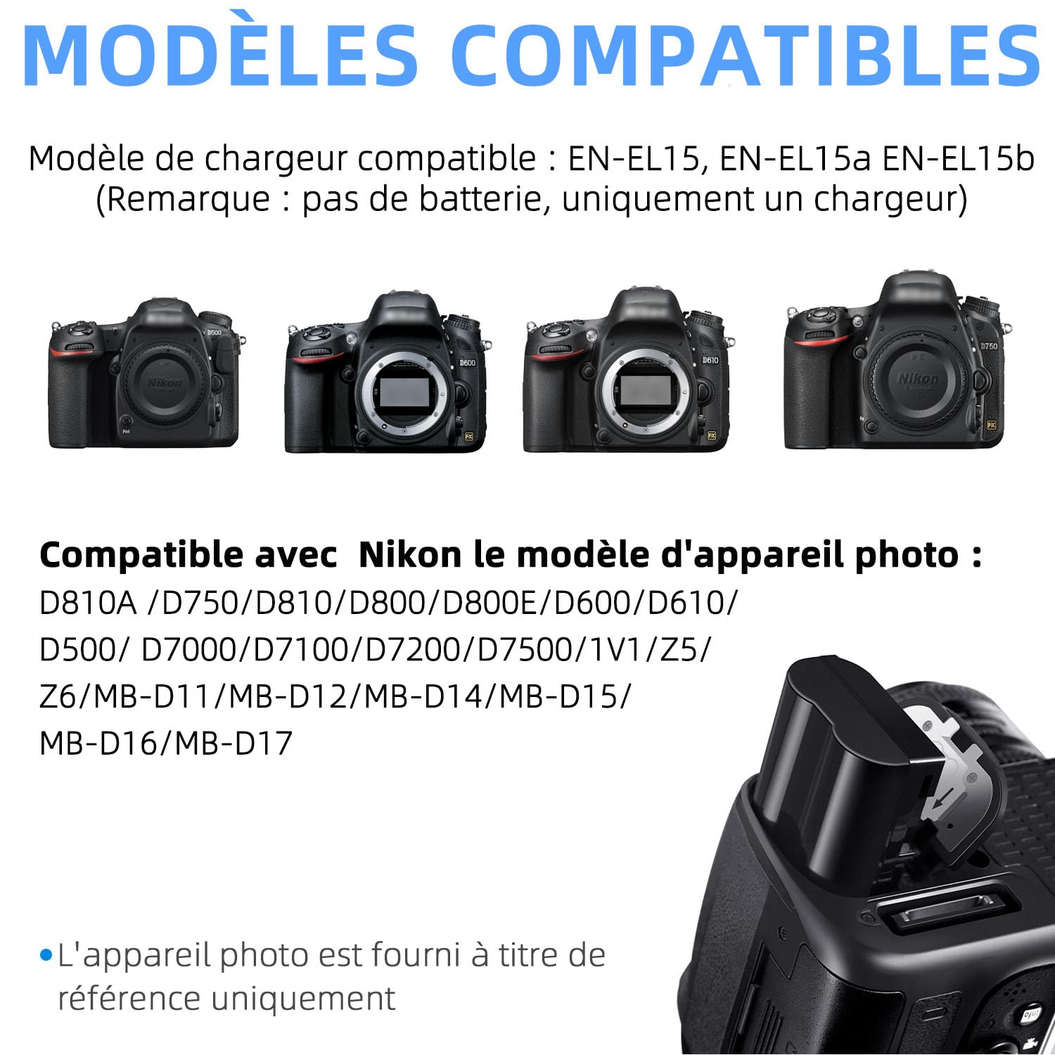 Chargeur Pour Batterie Nikon EN-EL15 / EN-EL15a / EN-EL15b - Compatible MH-25/MH-25a - Pour D500, D750, D850, Z6, Z7, Etc. - Protection Multi-sécurité - Indicateur LED