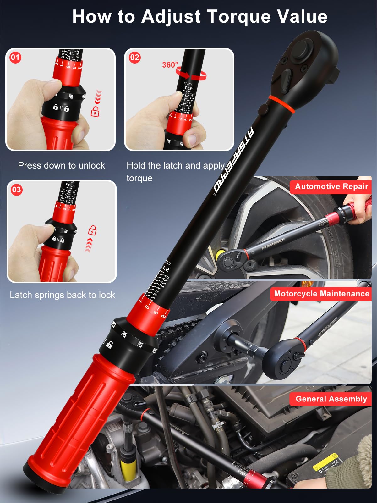 ATsafepro Chiave dinamometrica a scatto da 1/2", 13,60-230,5 Nm, ±3% ad alta precisione, regolabile a 72 denti a doppia direzione, chiave dinamometrica a scatto a 72 denti 1/2 azionamento per moto