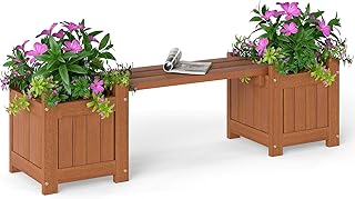 HAPPYGRILL Outdoor Bench with 2 Raised Garden Beds, 2-in-1 Outdoor Plant...