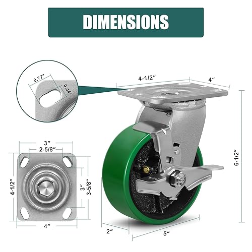 Miniatura 2 de Ruedas industriales resistentes de 5 x 2 pulgadas, rueda de hierro fundido de poliuretano (sin marcas), capacidad de 4000 libras por juego de 4 (2