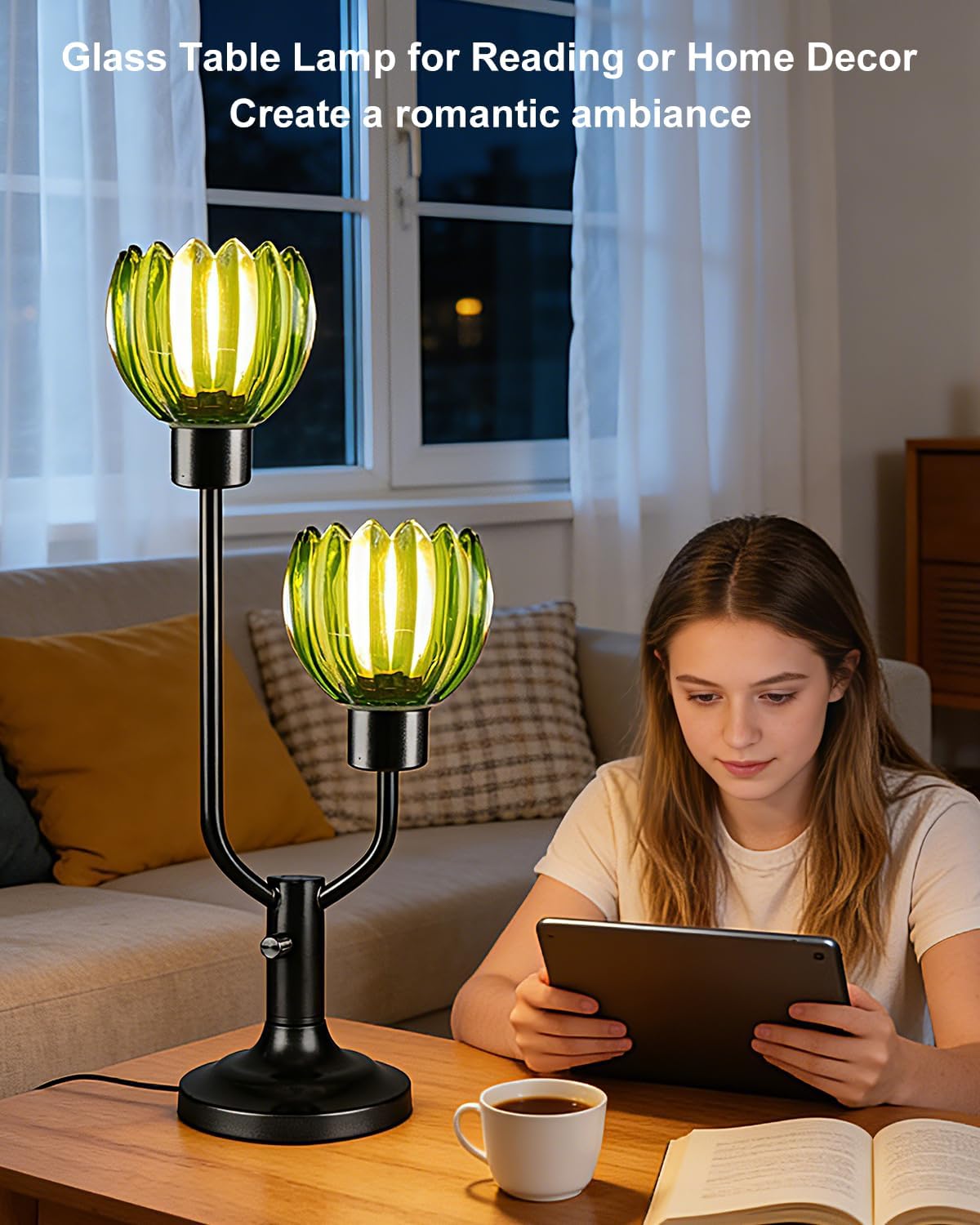 Lightdot Green Glass Flower Table Lamp for Living Room Dimmable Nightstand Lamp Mid Century Modern Vintage Black Desk Lamp 2 Bulbs Included Warmwhite Ambient Bedside Lamp for Bedroom Home Office Decor