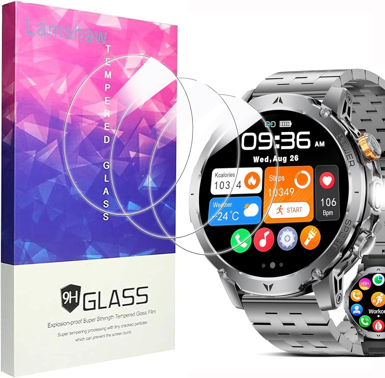 Lamshaw Protector de Pantalla para SUNKTA/LIGE EF24 Smartwatch 1,7" [ 3 Pack ] - Cristal Templado 9H - Compatible con EF24 Smartwatch (3Piezas)