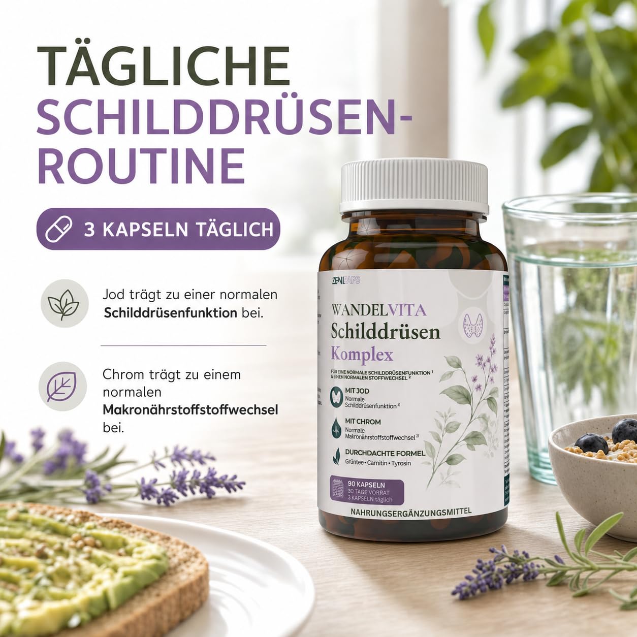 WANDELVITA Schilddrüsenkomplex – 90 vegane Kapseln – mit Jod & Chrom für normale Schilddrüsenfunktion und normalen Makronährstoffstoffwechsel – L-Carnitin, Grüntee, Grünkaffee, Tyrosin
