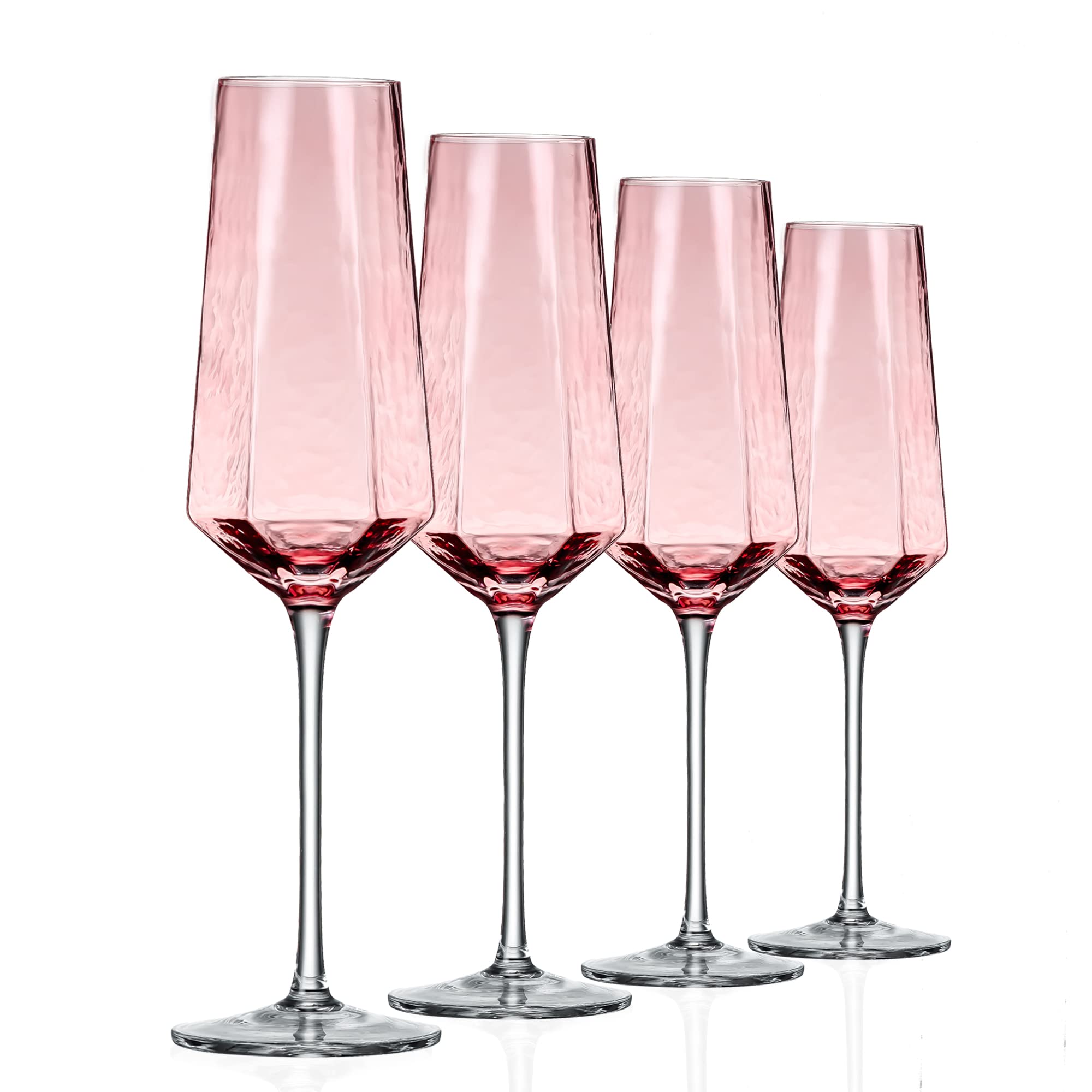 Crystal Champagne Flutes 8Oz Pink Wedding Champagne Glasses Classy Champagne Flutes Elegant Flutes Set of 4 for Wedding Anniversary Christmas (Pink)