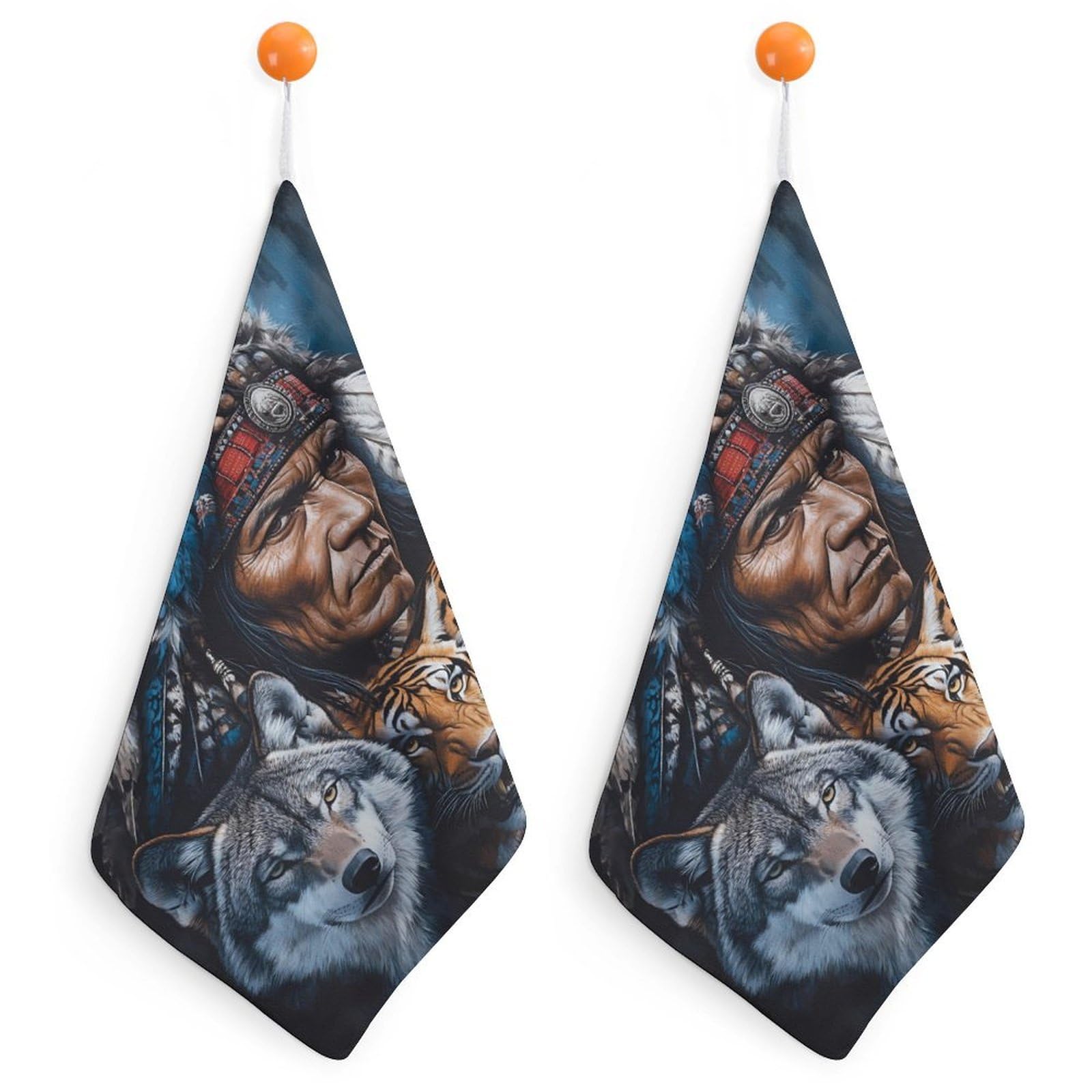 TXFBTRFSA Indian Chief Tiger Wolf Hand Towels with Hanging Loop Kitchen Towel Handkerchiefs Cleaning Cloths
