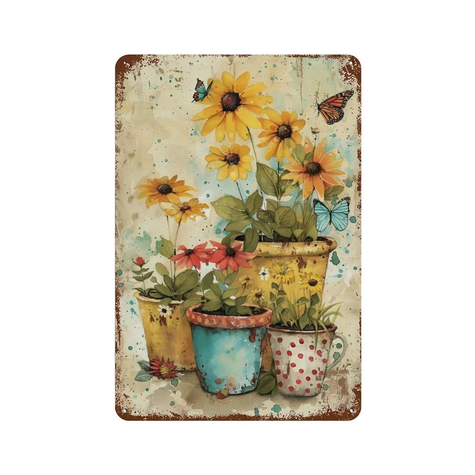 YHGERTKU Watercolor Three Potted Flowers Colorful Butterfly 03 Wall Art Retro Iron Vintage Metal Tin Sign Poster Modern Decor for Living Rooms Gift 30x20cm