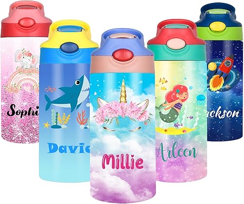 Botellas de agua personalizadas para niños de 12 onzas, botella de agua de acero inoxidable con aislamiento personalizado para niñas y niños con