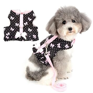 Zunea No Pull Small Dog Girl Harness Dress Escape Proof Cat Kitten Vest Harness Leash Set Step-in Soft Cotton Padded Polka Dot Jacket Chihuahua Puppy Clothes with Cute Bow for Walking Black S