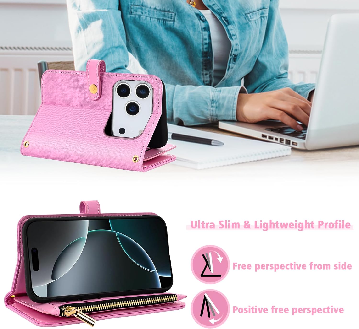 Floral Wallet Case for iPhone 17 Pro Max 6.9 inch with Wrist/Shoulder Strap Flip Zipper Purse, PU Leather Credit ID Card Holder Stand Phone Cover for i Phone17 17Pro i17 ProMax 17ProMax Pink