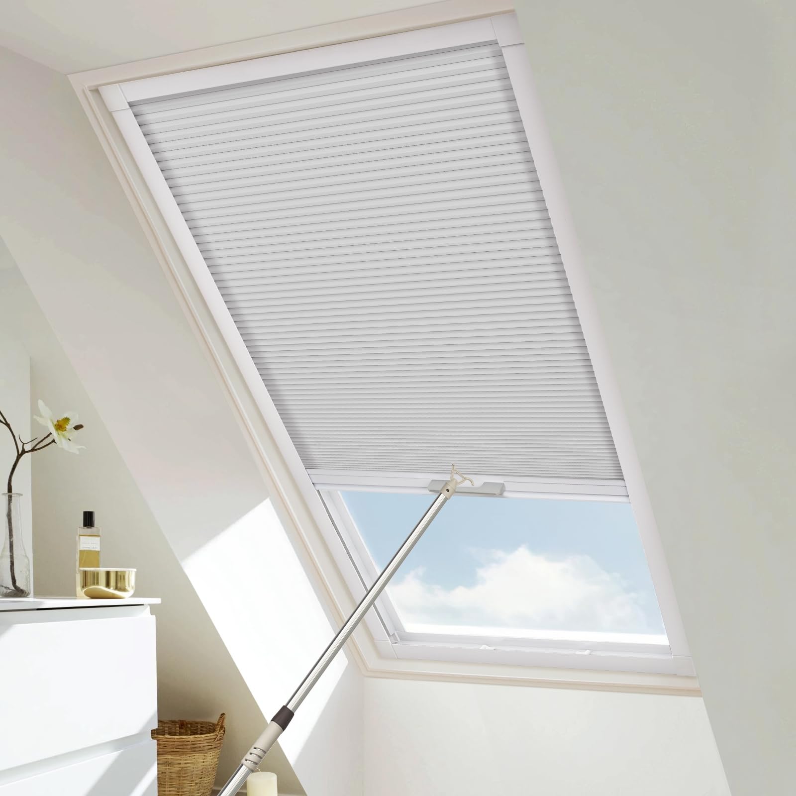 Moonice Cordless Skylight Blinds Light Filtering Honeycomb Roof Blinds Cellular Pleated Shades for Ceiling Easy to Install Custom Window Shades for Roof Inclined Plane Room (Grey, Custom Size)