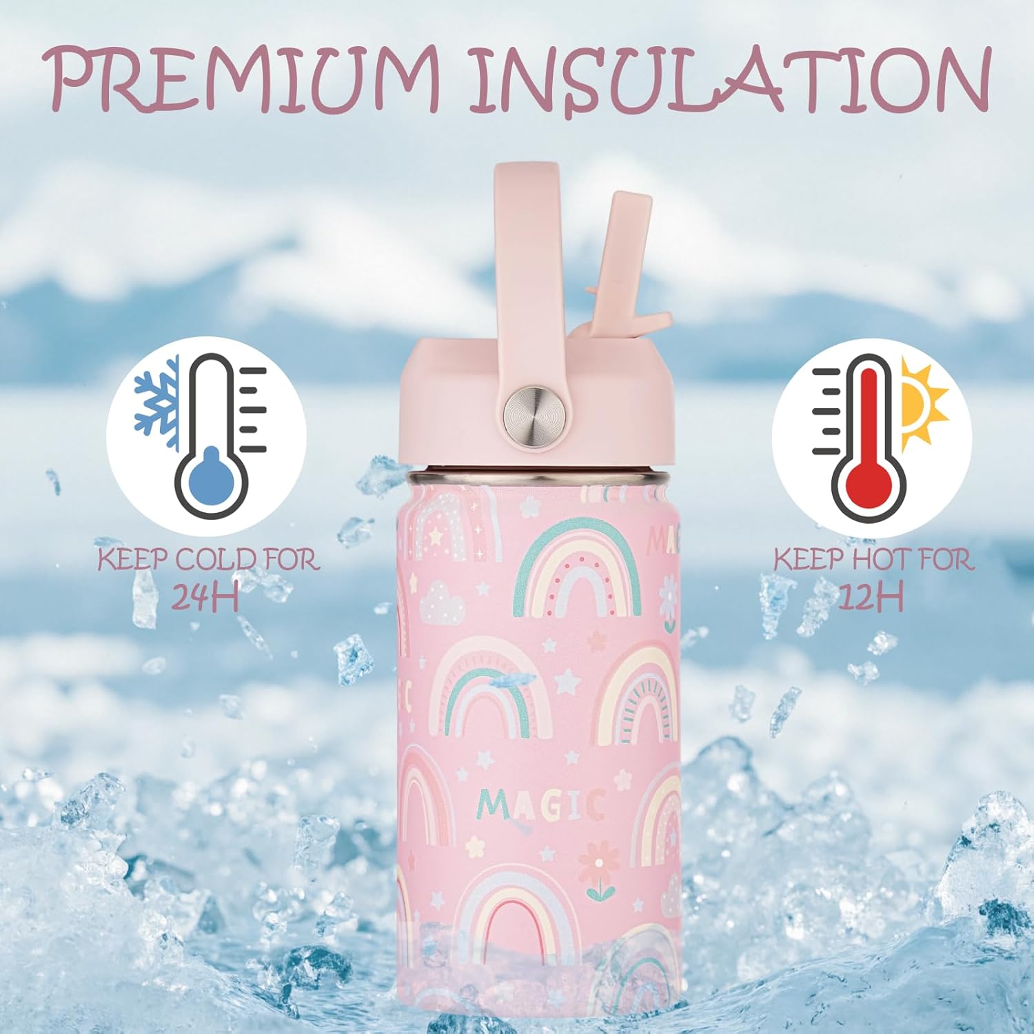 Kids Water Bottle with Straw 12 oz - Insulated Stainless Steel Sports Bottle, Leakproof Wide Mouth Thermal Cup with Straw & Handle Lids for School Travel Outdoor Activities - Image 5