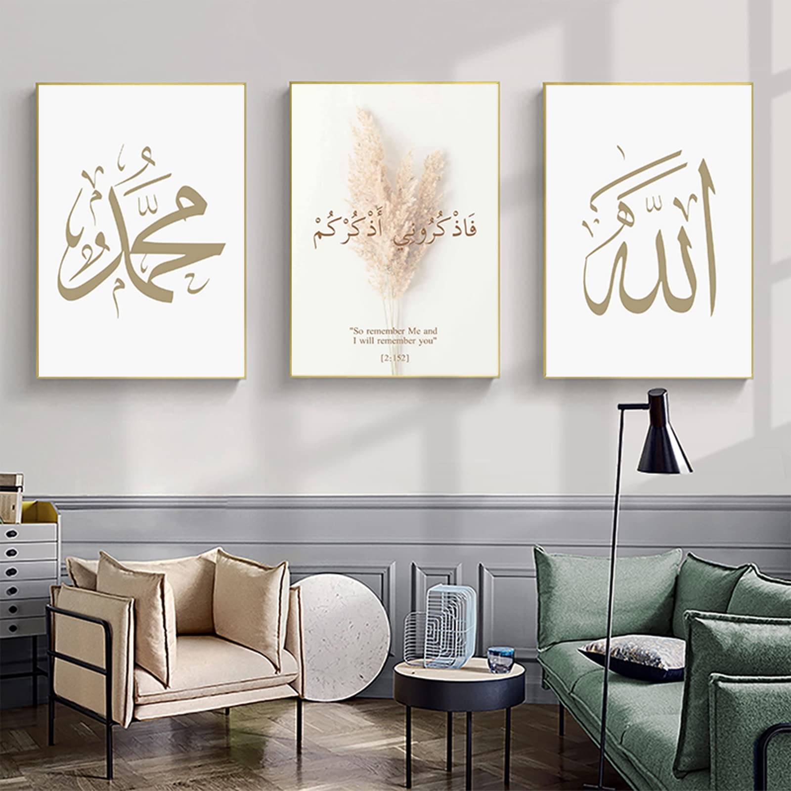 JNAOZI Islamic Wall Pictures, Islamic Canvas Pictures, Arabic Calligraphy Bismillah Flower Wall for Living Room Without Frame (70 x 100 cm x 3) — image 1