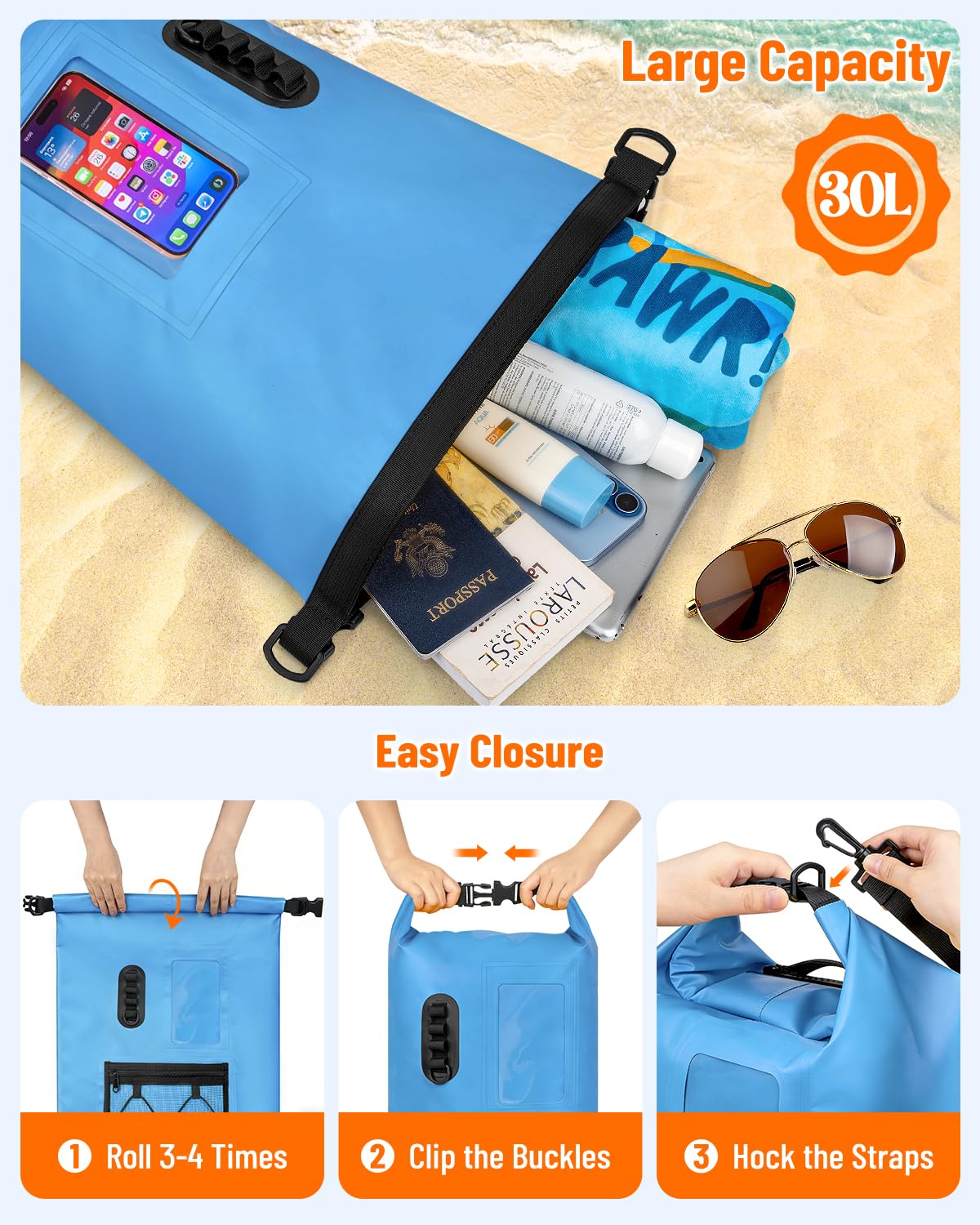 Dry Bag Sacca Impermeabile 20L/30L, Sacca Stagna con Custodia Impermeabile Smartphone, Borsa da Spiaggia Galleggiante e Borse Impermeabili per Nuoto Campeggio Kayak Pesca per Uomini e Donne