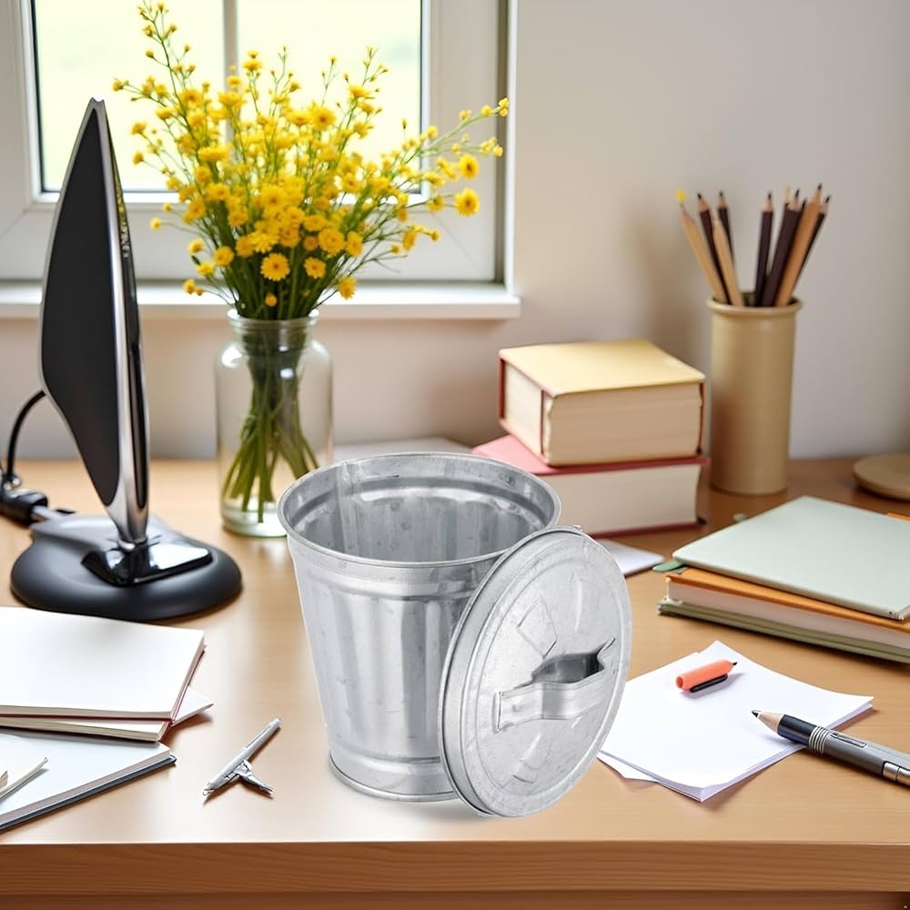 Silver Mini Galvanized Trash Can With Lid Mini Tabletop Wastebasket