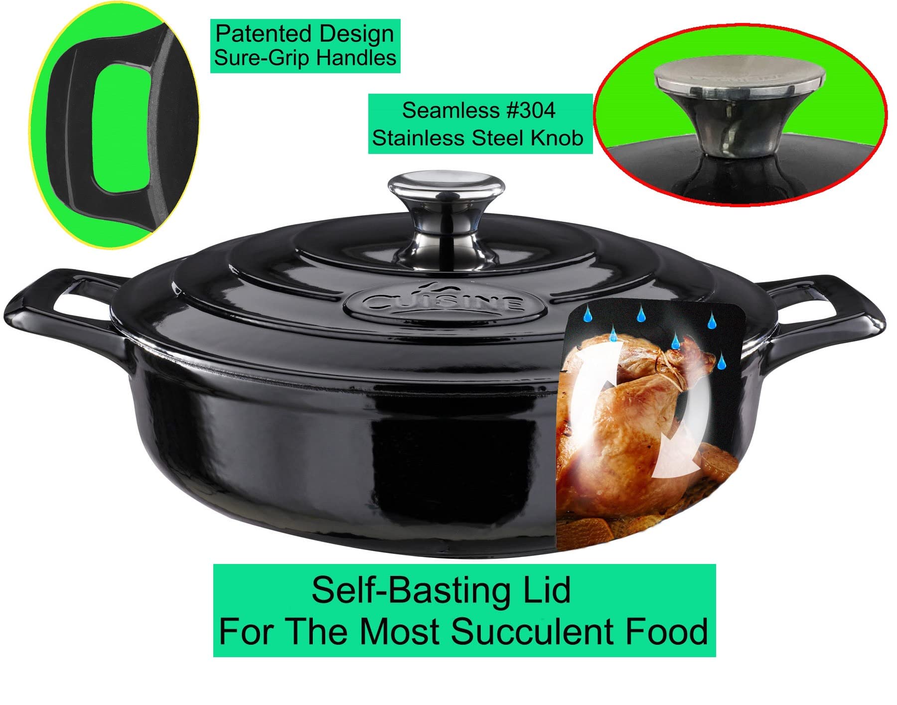 La Cuisine Cacerola de hierro fundido esmaltado con tapa, 28 cm de diámetro. Revestimiento interior de esmalte negro mate, acabado exterior de esmalte negro brillante. Apta para horno.