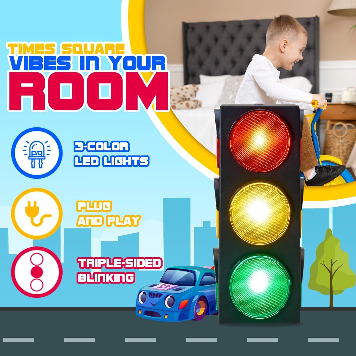 Playbees Traffic Light Lamp 12.25 inches USB Traffic Light with Vibrant Color Blinking Modes Decoration for Classrooms Bedrooms Stop Sign Room Decor