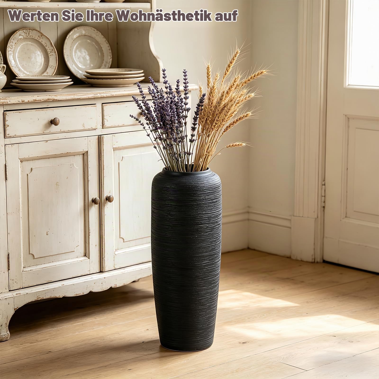 Vintage Keramik Schwarz Bodenvase, 50 cm, Rustikaler Boho Stil für Pampasgras, Blumen oder Dekor, Perfekt für Wohnzimmer, Eingang oder Tisch
