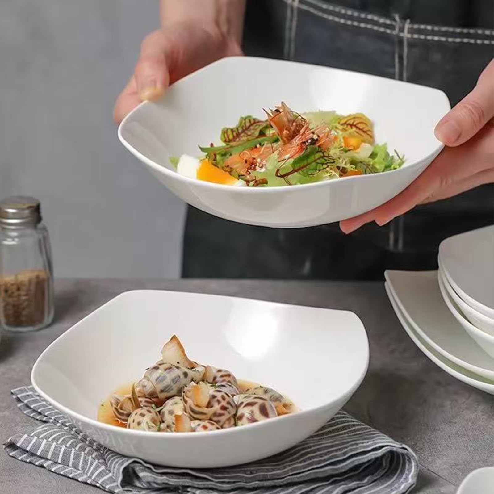 Set di 4 ciotole per insalata TuYines, set di ciotole in porcellana per insalata, bianco, per pasta, piatto profondo per spaghetti, ciotola per cereali adatta al microonde, ciotola da portata per