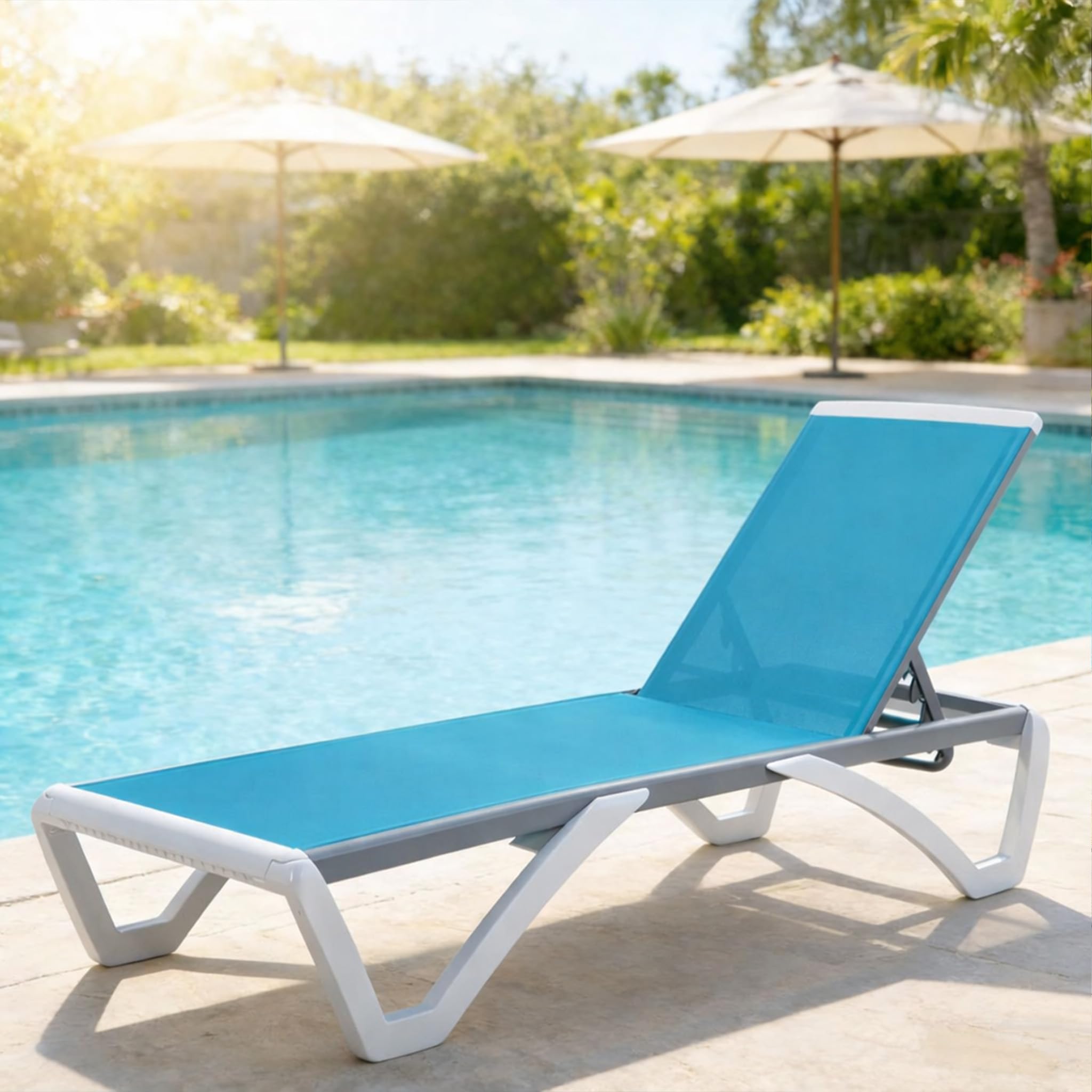 Kozyard Outdoor Chaise Lounge Chair, Full Flat Adjustable Patio Lounger with Aluminum Frame & Resin Legs, Textilene Fabric for Poolside, Backyard &