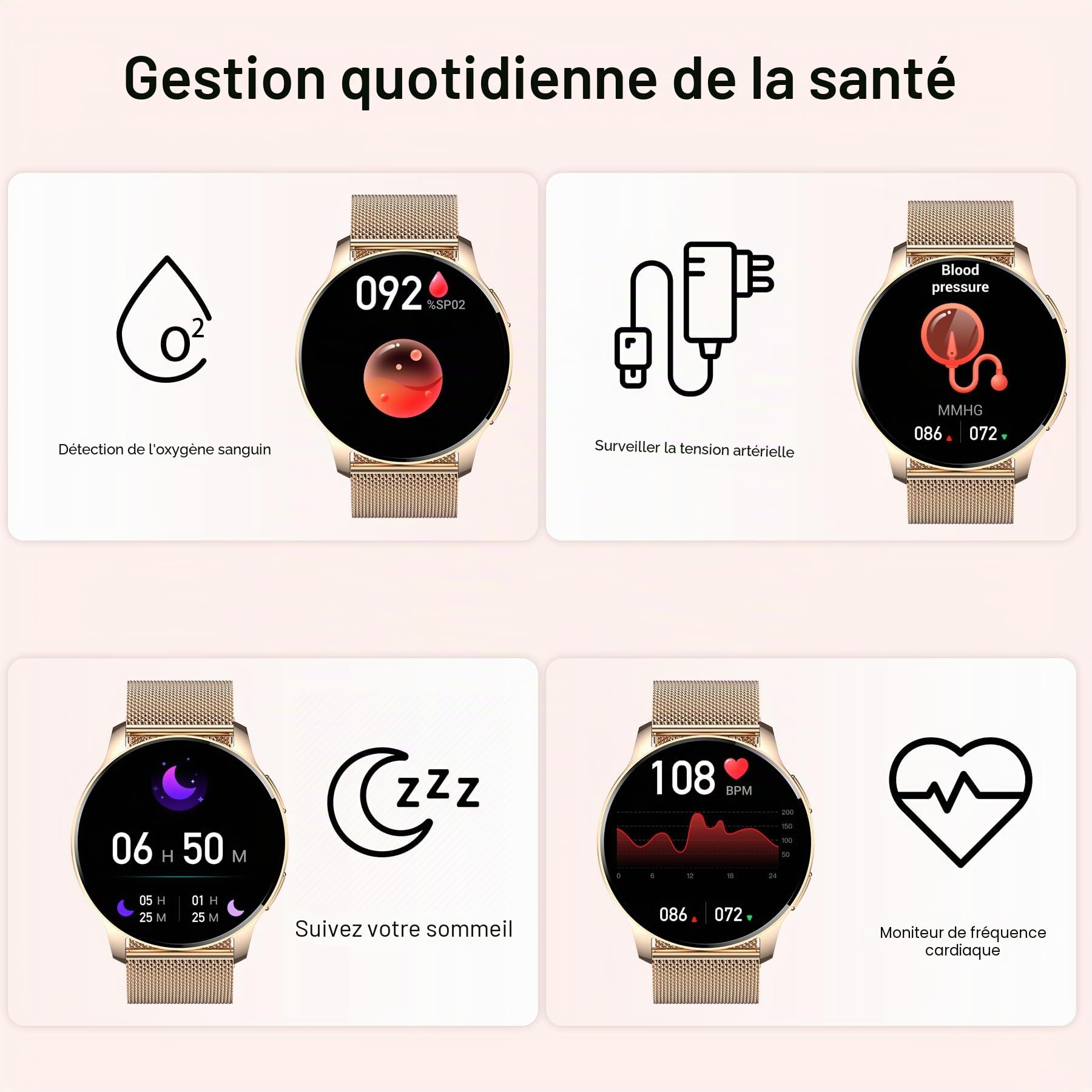 Montre Intelligente Femme avec Appel, 1,32" Smartwatch Automatique Homme, Podomètre/Moniteur Sommeil/Cardiofrequenzimetro, 20 Modes Sportif Android iOS Montre Intelligente Doré, 3 Bracelets