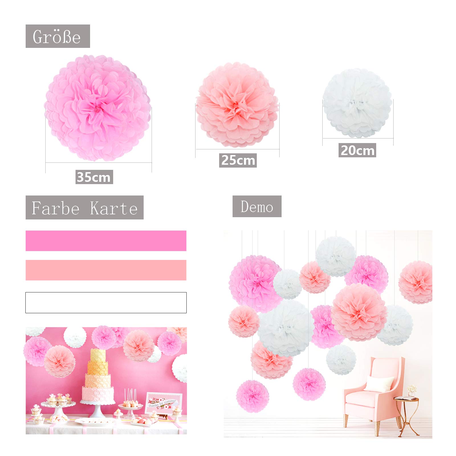 Decorazioni Pom Pom Di Carta - Set 20 Pezzi In Tema Rosa Per Matrimoni, Compleanni E Baby Shower - Foto 11