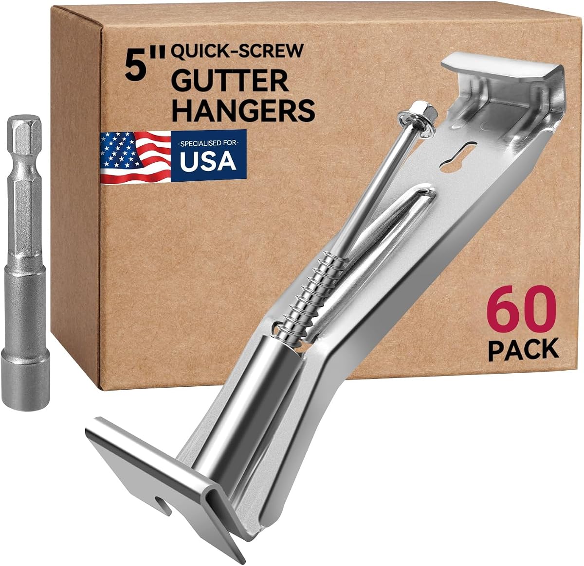 Gutter Hangers 5 inch - 60 Pack Gutter Brackets with Pre-Assembled Screw, Hidden Gutter Hangers for Repair Sagging Rain Gutters