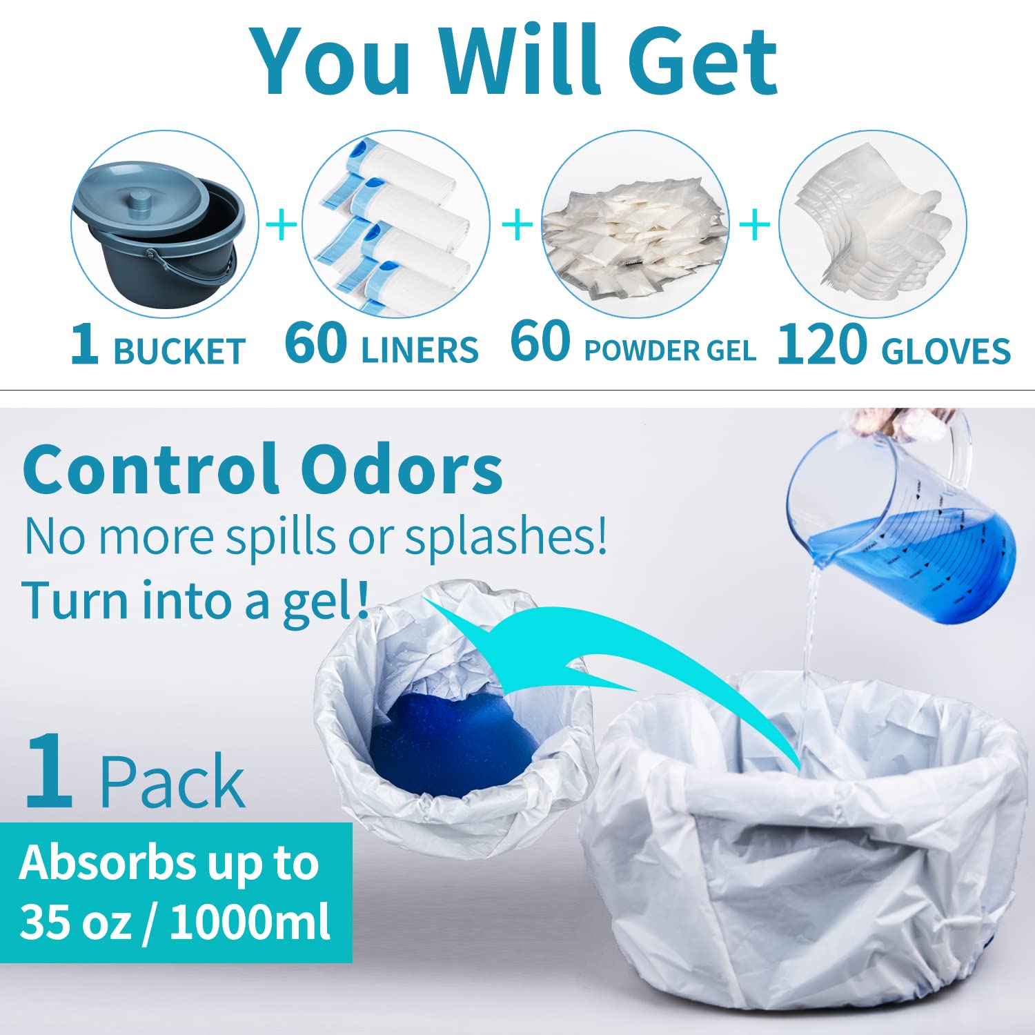 Commode Bucket Set with 60 Commode Liners and 60 Absorbent Pads Gel, Bedside Commode Bucket