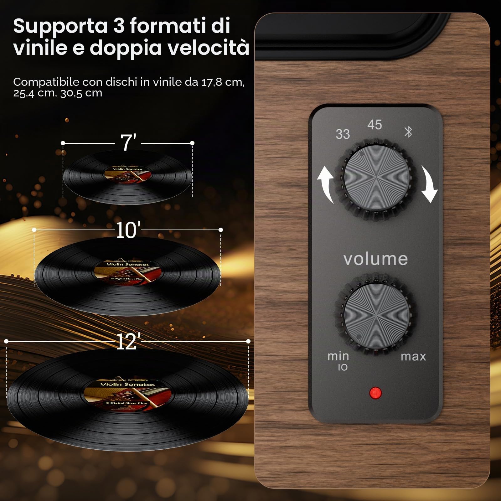 Giradischi in Vinile, Bluetooth, AT-3600L, 33/45 giri, AUX/RCA | Giradischi in vinile con 4 altoparlanti stereo,giradischi HiFi, preamplificatore phono,2 velocità, ingresso AUX/uscita RCA.
