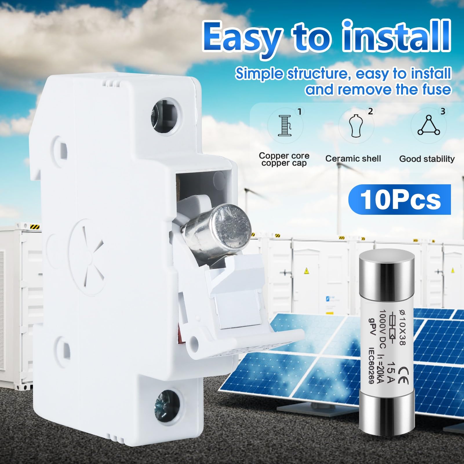 DEWIN Fusibles fotovoltaicos, 10 Piezas Fusibles solares de 15 A Fusible Fotovoltaico 10X38 mm Núcleo de Fusible PV for protección del Sistema Solar Fotovoltaico DC 1000 V