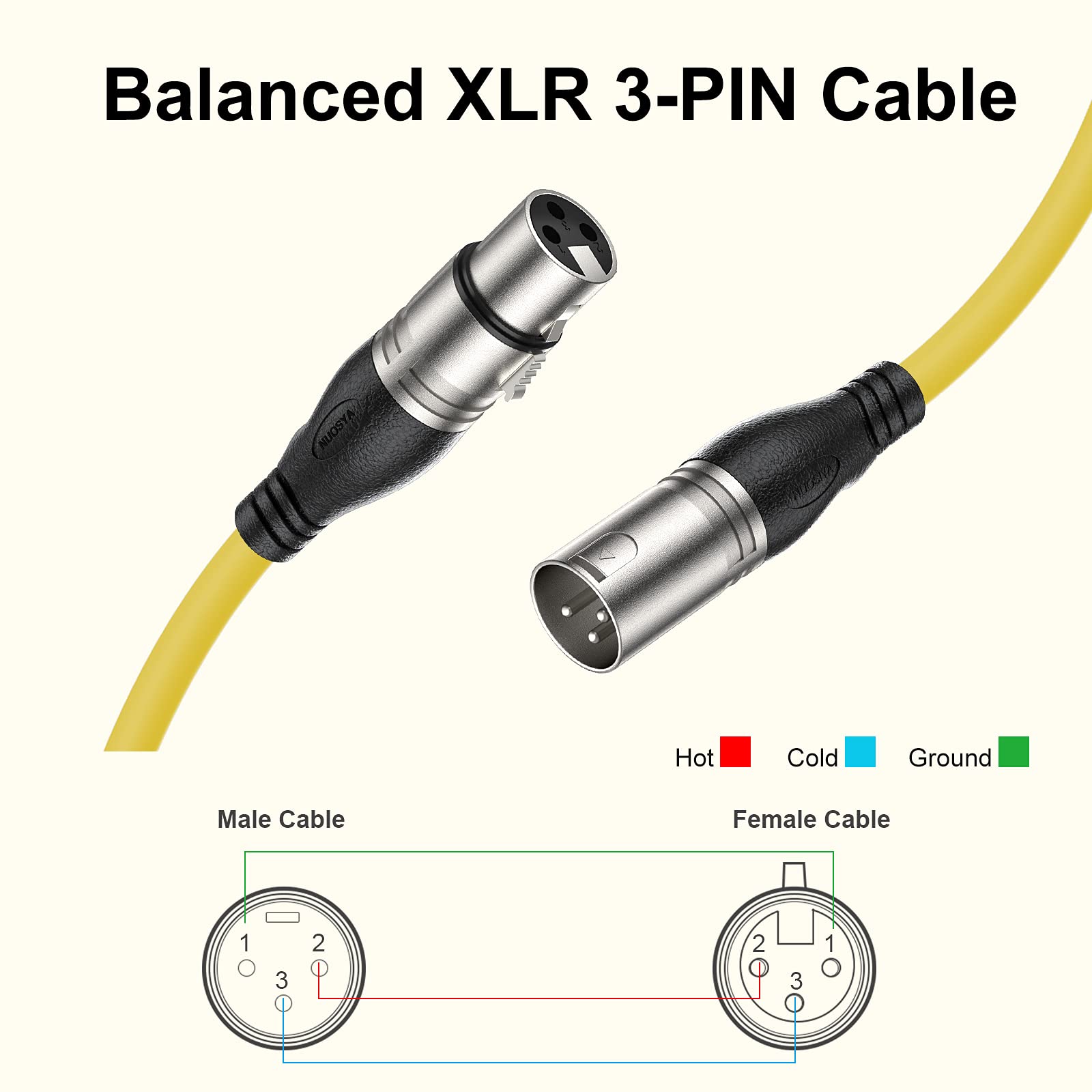 Cable XLR, 2 paquetes de cable de micrófono de señal de audio XLR macho a hembra, 10 m (amarillo)