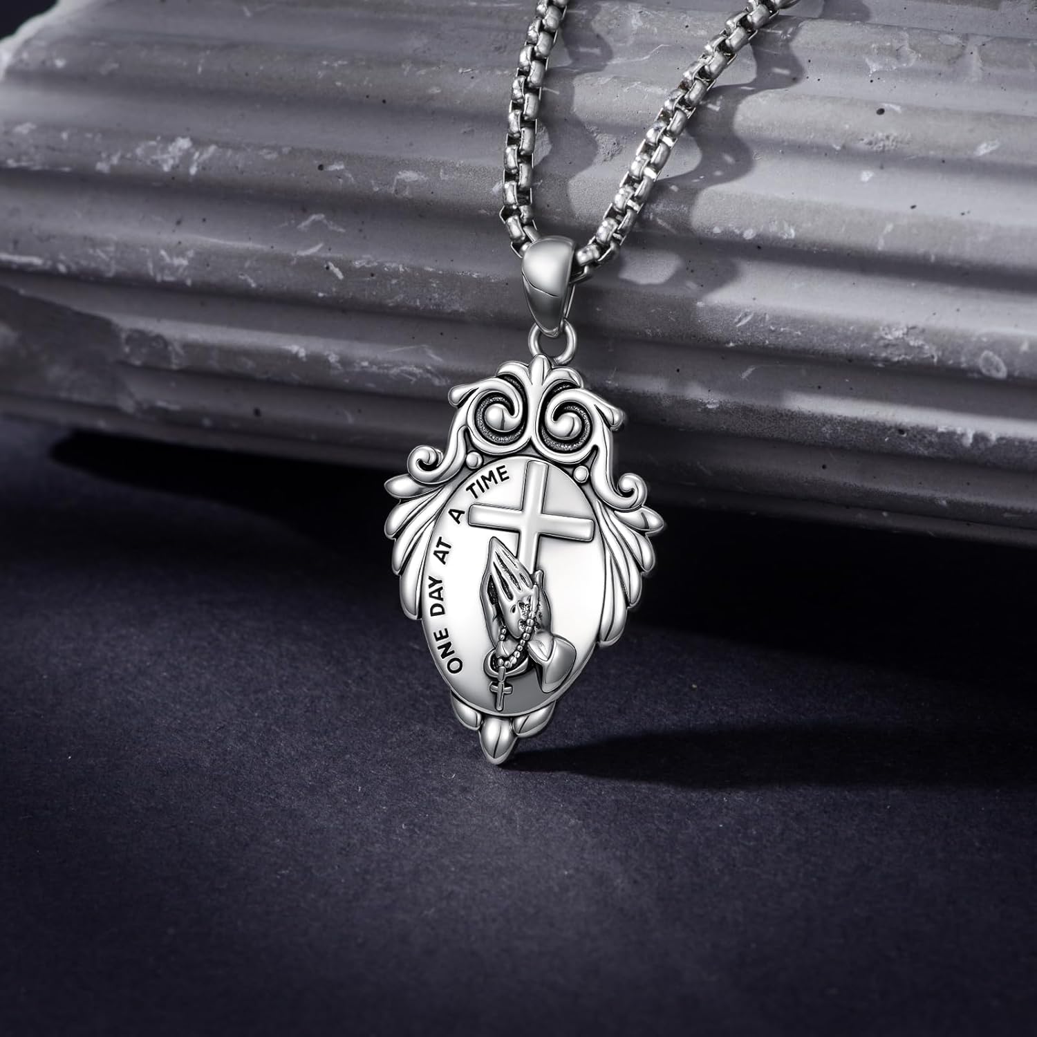 Praying Hands Necklace 925 Sterling Silver Cross Serenity Prayer Pendant Necklace Christian Religious Jewelry Gifts for Men Women - Image 4