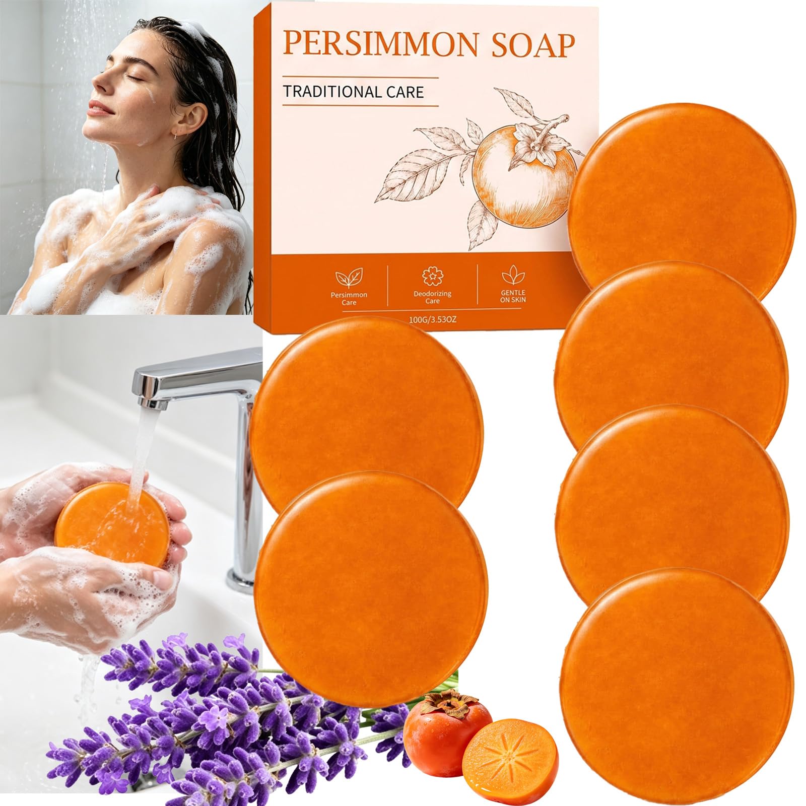 Saponetta al cachi per remove e gli odori corporei, sapone da bagno detergente e idratante, deodorante e antiodore con estratto di cachi e lavanda, sapone da bagno detergente quotidiano (6pcs)