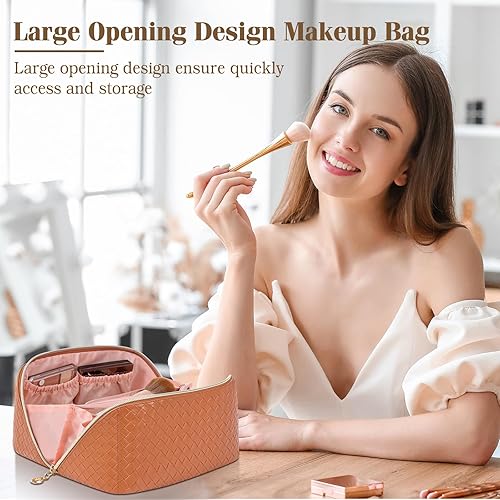 Miniatura 2 de bolsa de maquillaje de viaje de gran capacidad para mujeres, bolsa de cosméticos impermeable de pu portátil, Marrón, A la moda