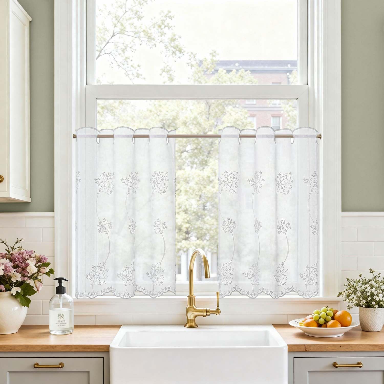 TOPICK Scheibengardine Küche lichtdurchlässig Bistrogardine Wohnzimmer modern Küchengardinen Gardine Schals Fensterschal Kurzgardine für Küche Küchenfenster Landhausstil