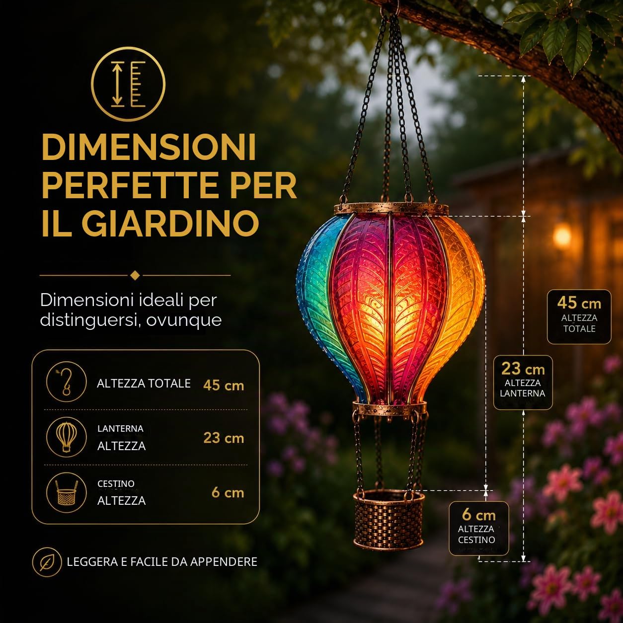 Festive Lights 44 cm, palloncino ad aria calda, lampada solare per esterni, mongolfiera, effetto vetro, lanterna a energia solare, lampada da giardino colorata per esterni