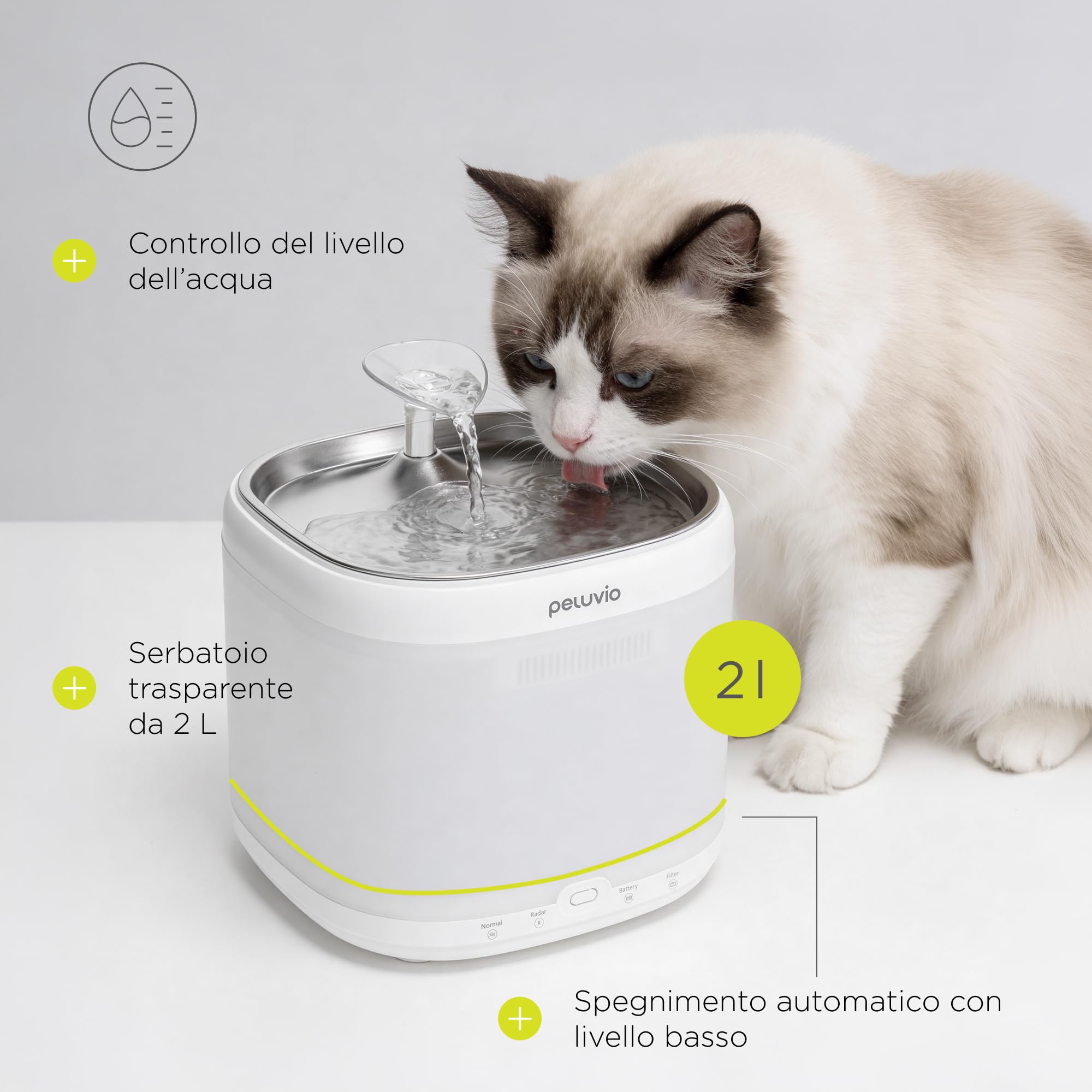 Rillan Fontanella d'Acqua per Gatti da 2 L | Fontana per Gatti con Filtro Carbone e Doppia Alimentazione USB e Batterie Facile e Rapida da Pulire, Igienica