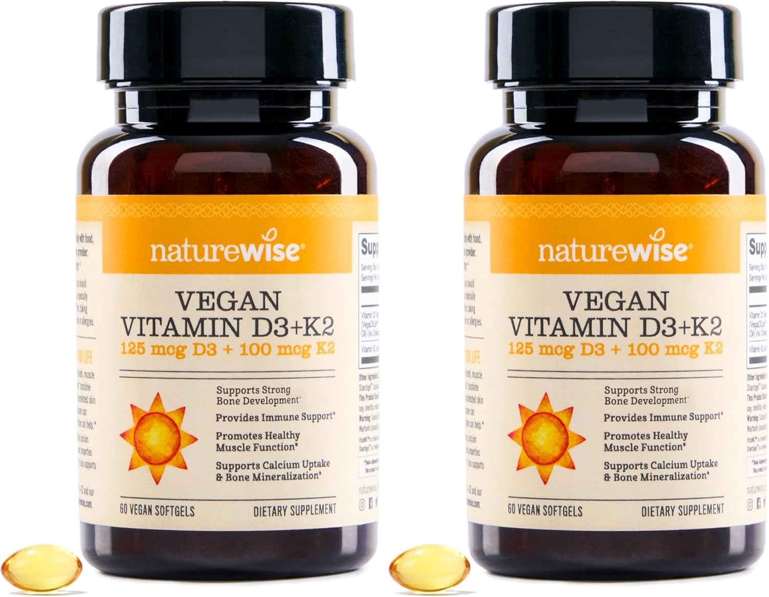 NatureWise Vegan Vitamin D3 + K2 - Natural D3 5000IU + Natural Vitamin K2 100mcg - Bone Support - High Absorption with Organic Cold-Pressed Olive Oil - Non-GMO, (Pack of 2)