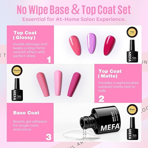 Miniatura 8 de MEFA Kit de esmalte de uñas de gel de 32 colores con luz UV, 54 piezas de esmalte de gel rosa brillante con base matebrillante, herramientas