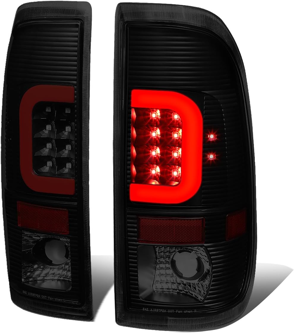Auto Dynasty Rear Tail Lights Compatible with 1997-2007 Ford F-150 Heritage F-250 F-350 F-450 F-550 Super Duty, 3D LED Brake Lamps w/Red LED Light Bar, Black Housing Smoked Lens