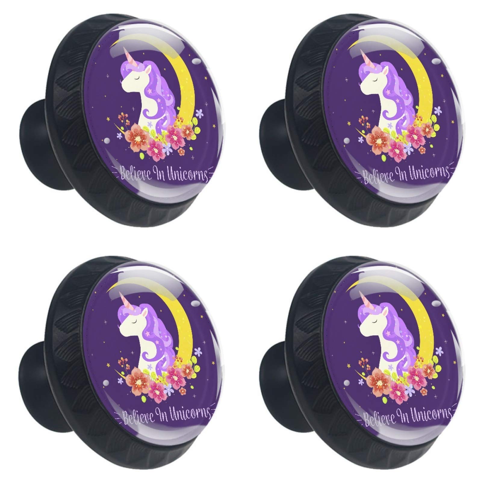 Boutons de meuble ronds licorne magique et lune en verre 30 mm x4